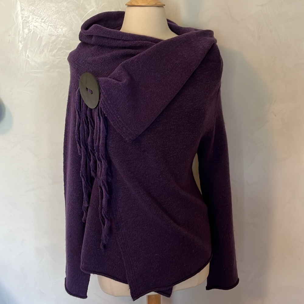 Terry Lewis Purple sweater cardigan wrap w/button & Fringe clip Size Large - Picture 6 of 12